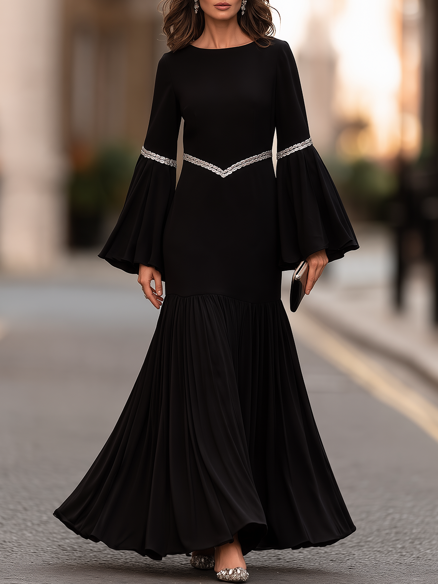 Decorative Trim Bell Sleeve Maxi Dress