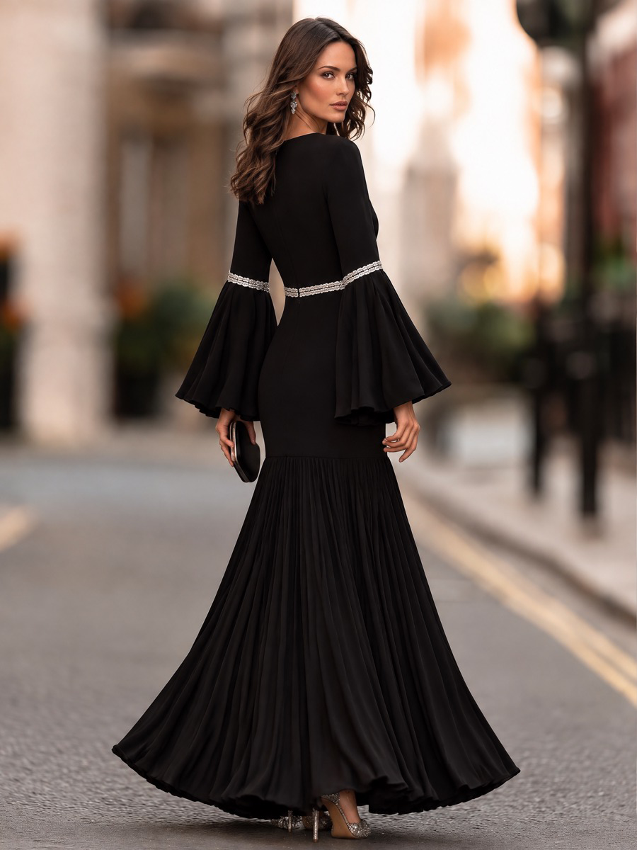 Decorative Trim Bell Sleeve Maxi Dress