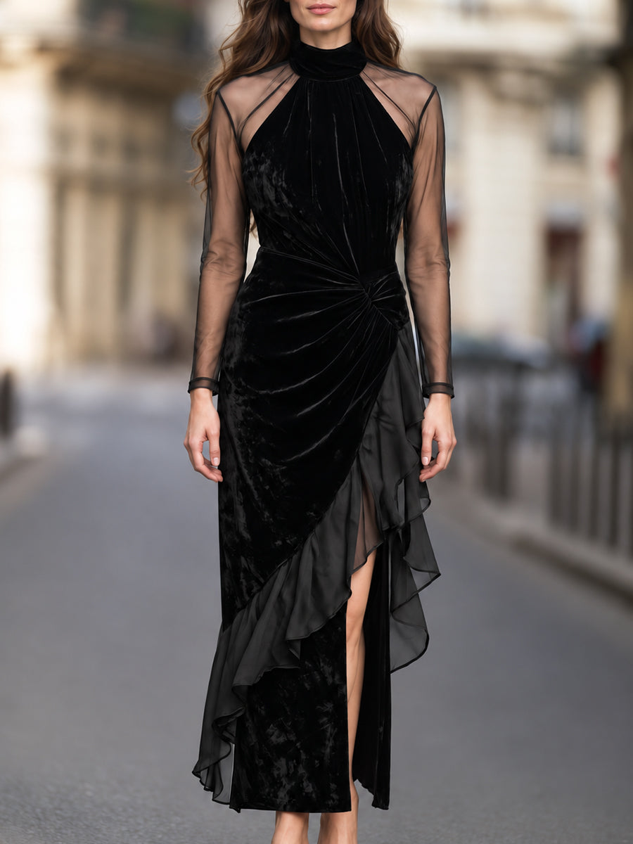 Sheer-Sleeve Velvet Ruffle Maxi Dress