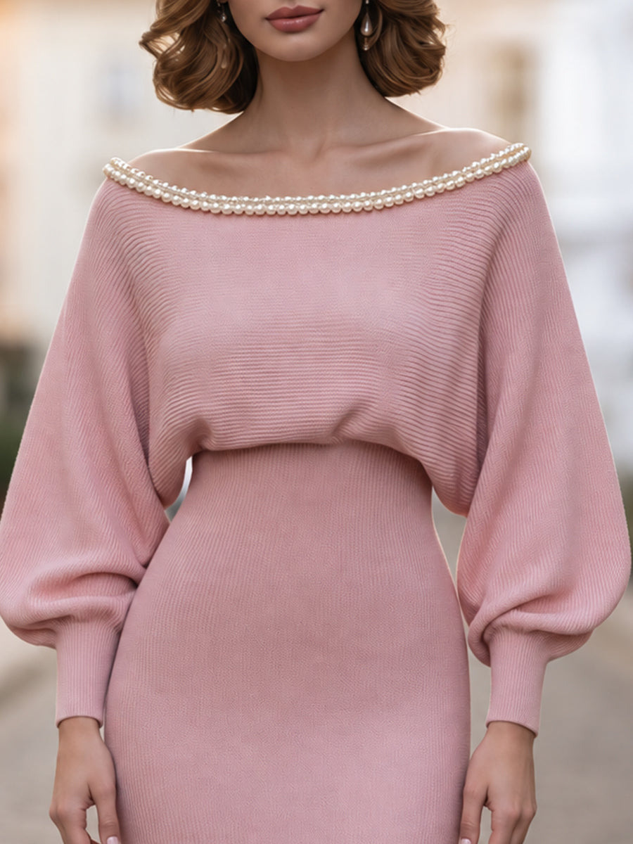 Pearl-Trim Batwing Knit Midi Dress
