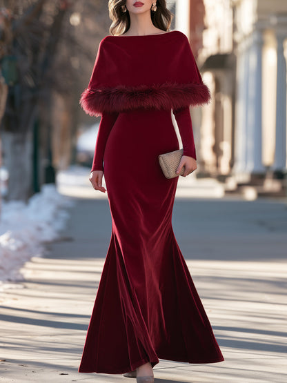 Velvet Mermaid Maxi Dress With Faux Fur Cape