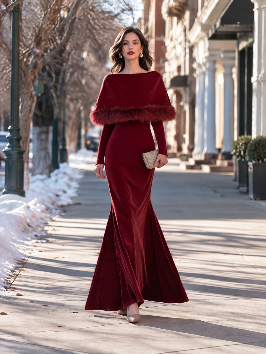 Velvet Mermaid Maxi Dress With Faux Fur Cape