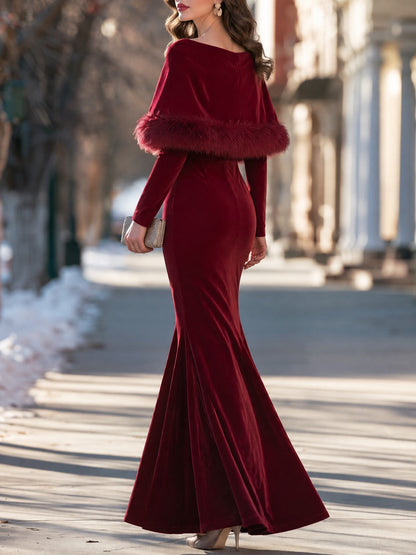 Velvet Mermaid Maxi Dress With Faux Fur Cape