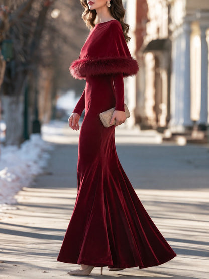 Velvet Mermaid Maxi Dress With Faux Fur Cape