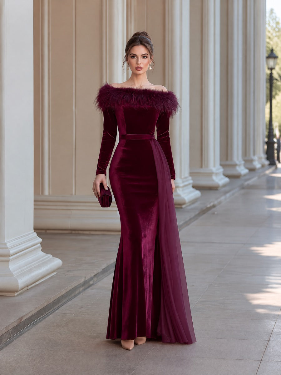 Velvet Off-Shoulder Faux Fur Trim Mermaid Maxi Evening Dress