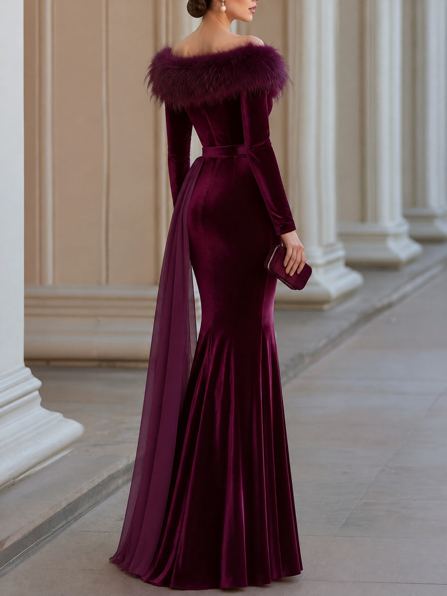 Velvet Off-Shoulder Faux Fur Trim Mermaid Maxi Evening Dress