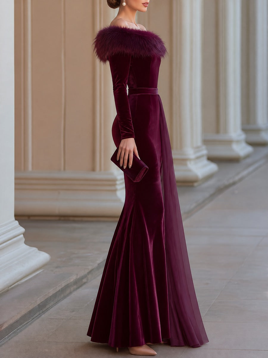 Velvet Off-Shoulder Faux Fur Trim Mermaid Maxi Evening Dress