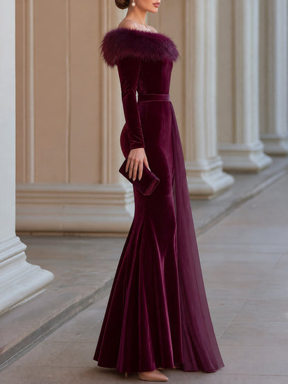 Velvet Off-Shoulder Faux Fur Trim Mermaid Maxi Evening Dress