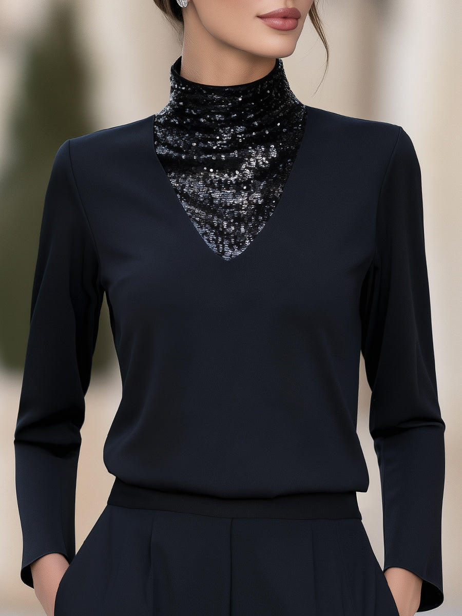 V-Shaped Sequin Panel Mock Neck Long Sleeve Top