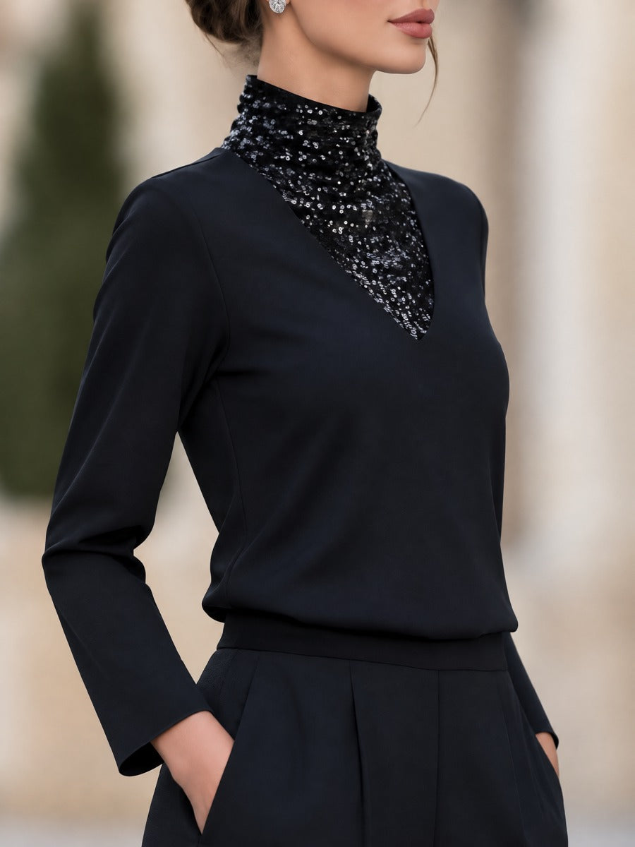 V-Shaped Sequin Panel Mock Neck Long Sleeve Top