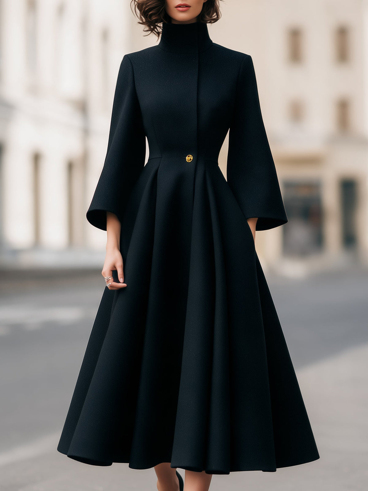 High Neck Gold Button Woolen A-Line Coat