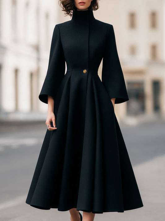 High Neck Gold Button Woolen A-Line Coat