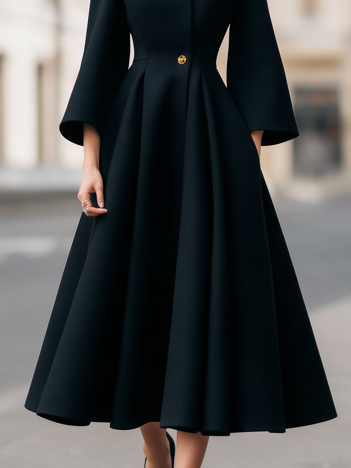 High Neck Gold Button Woolen A-Line Coat