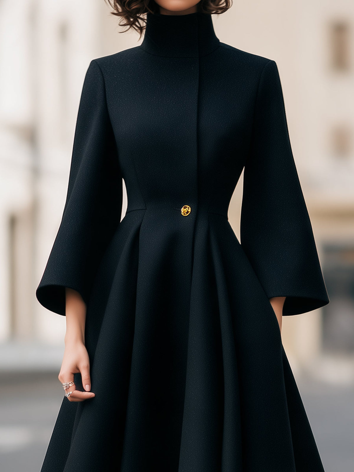 High Neck Gold Button Woolen A-Line Coat