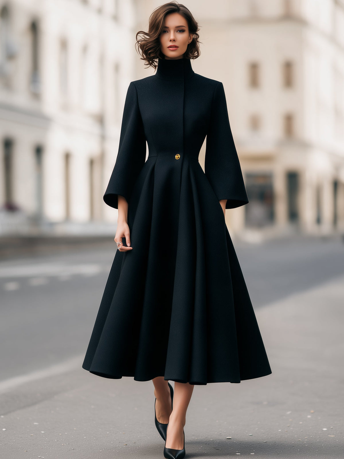 High Neck Gold Button Woolen A-Line Coat
