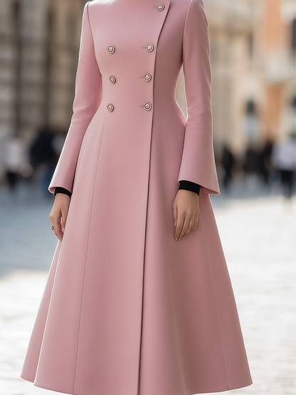 Pink Stand Collar Double Breasted Flared Midi Coat