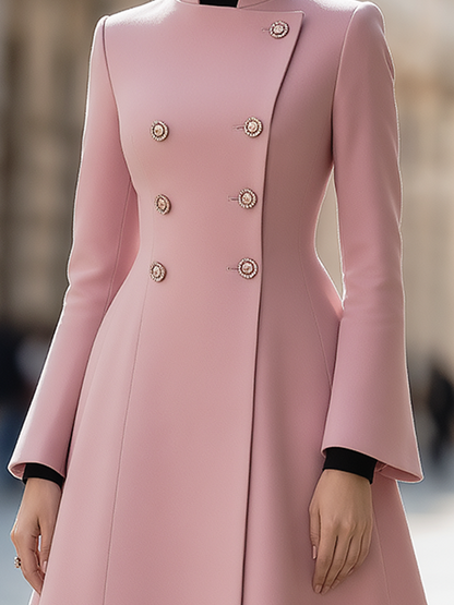 Pink Stand Collar Double Breasted Flared Midi Coat
