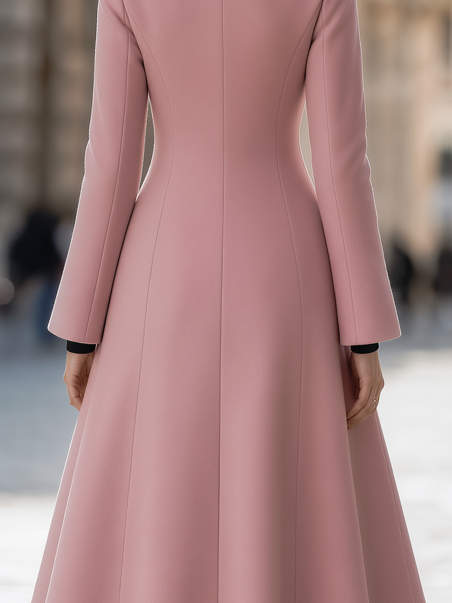 Pink Stand Collar Double Breasted Flared Midi Coat
