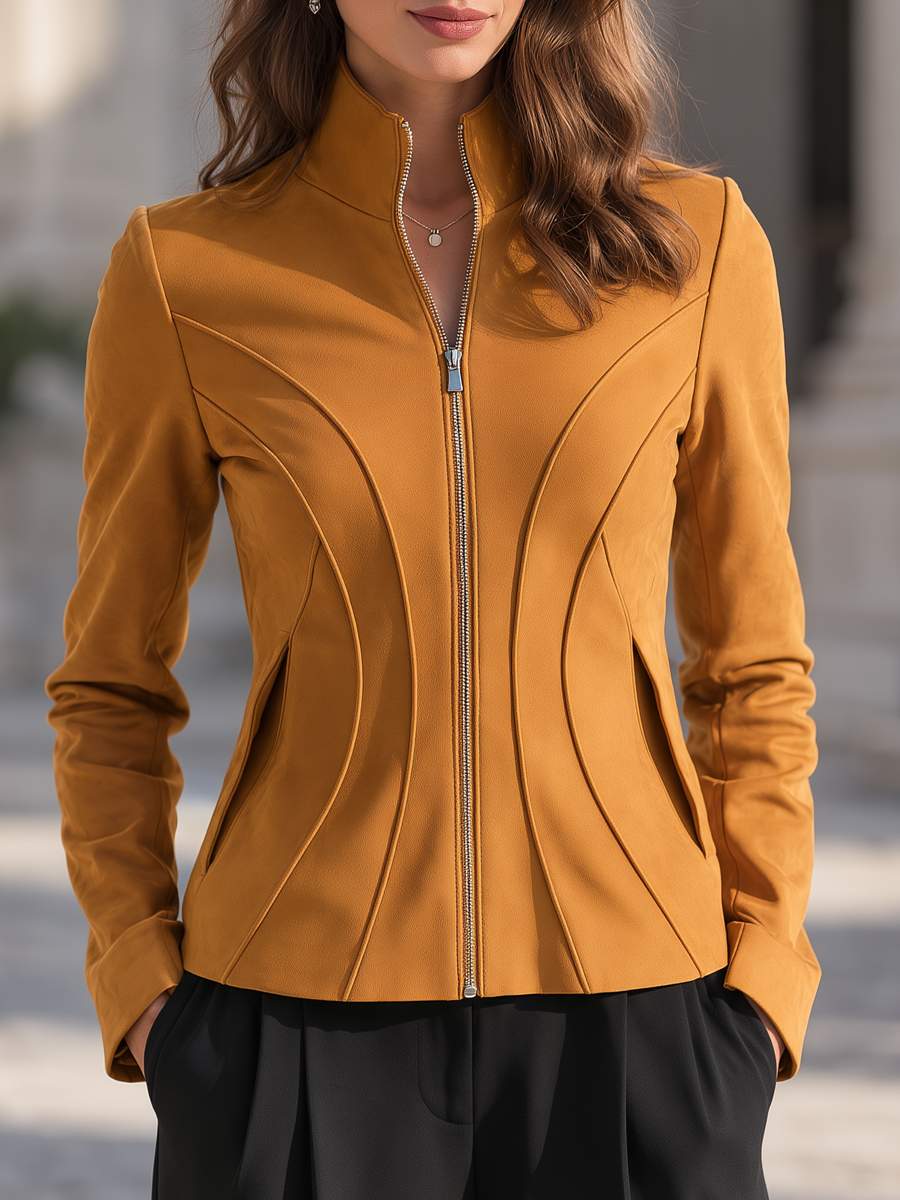 Elegant Stand Collar Sculpted Seams Full-Zip Fitted Jacket