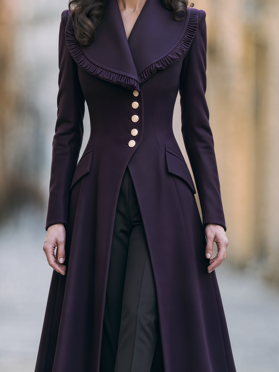 Dark Purple Ruffled Shawl Collar Fitted Flared Midi Coat