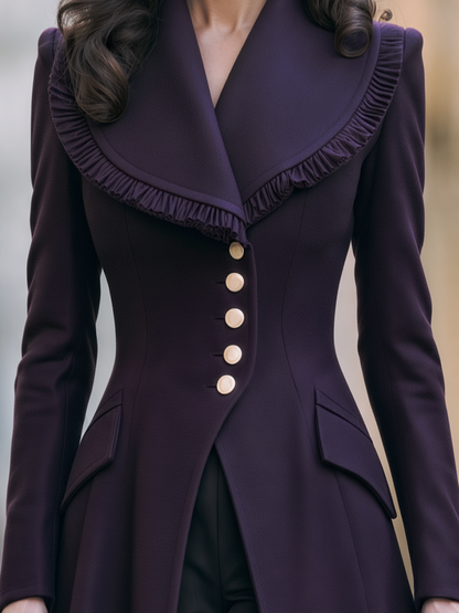 Dark Purple Ruffled Shawl Collar Fitted Flared Midi Coat