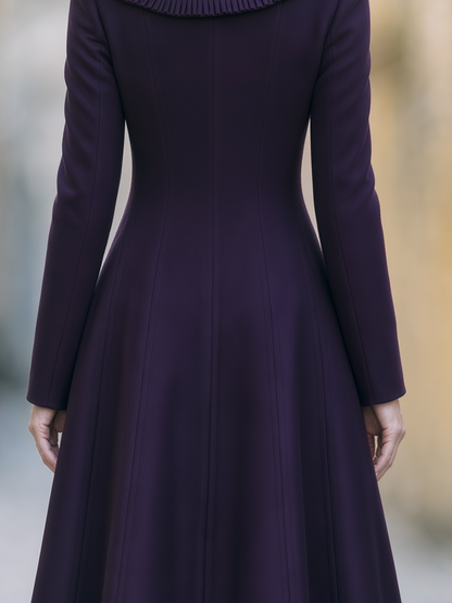 Dark Purple Ruffled Shawl Collar Fitted Flared Midi Coat