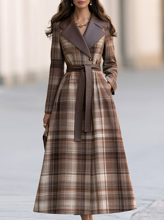 Elegant Brown Plaid Faux Leather Lapel Belted A-Line Maxi Coat
