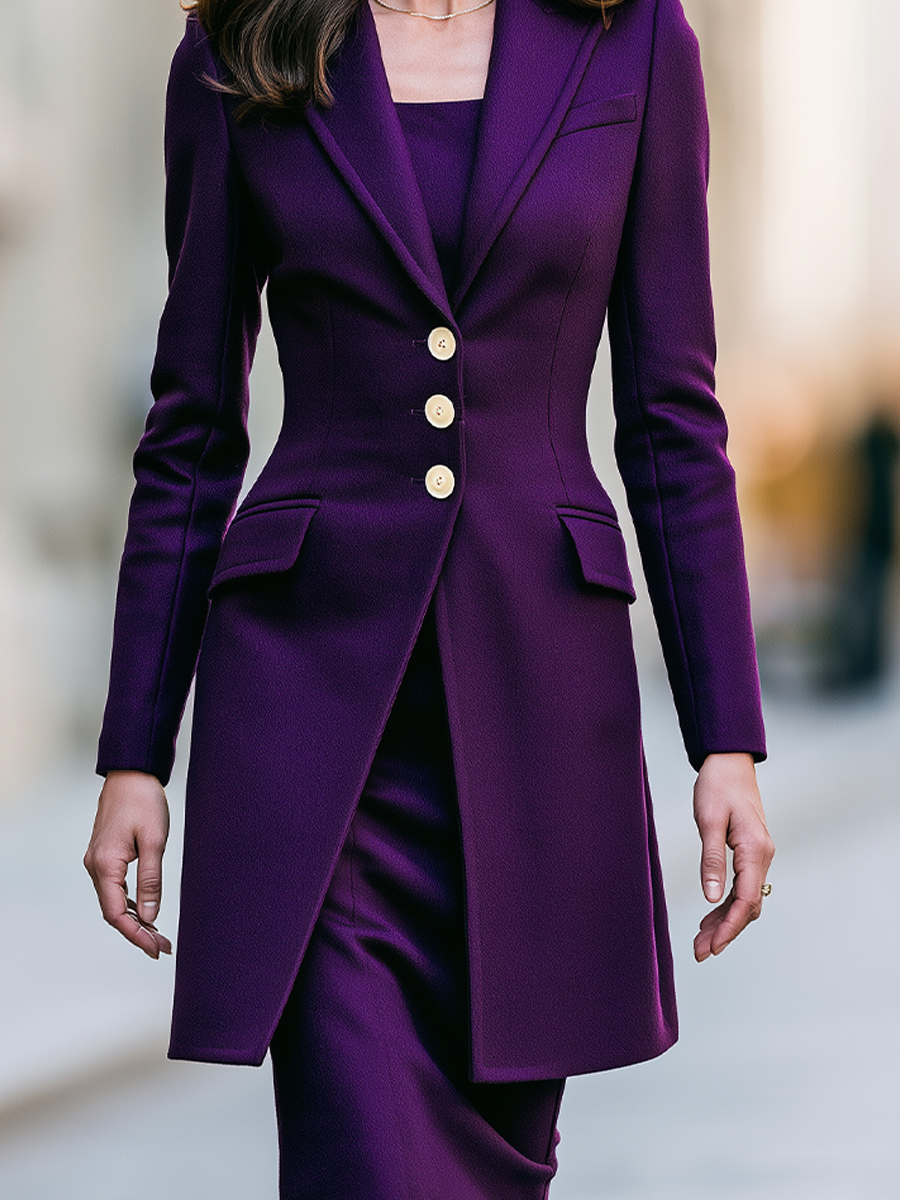 Purple Tailored Coat & Sleeveless Midi Dress Two-Piece Set