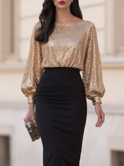 Gold Sequin Bishop Sleeve Boat Neck Bodycon Midi Dress