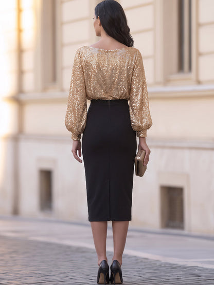 Gold Sequin Bishop Sleeve Boat Neck Bodycon Midi Dress