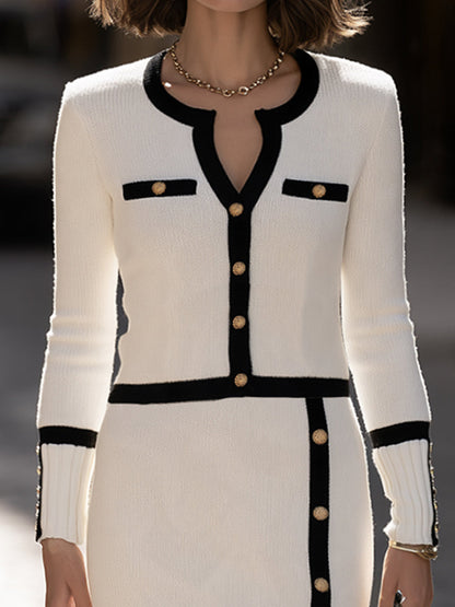 Contrast Trim Decorative Button Sweater And Slit Skirt Two-Piece Set