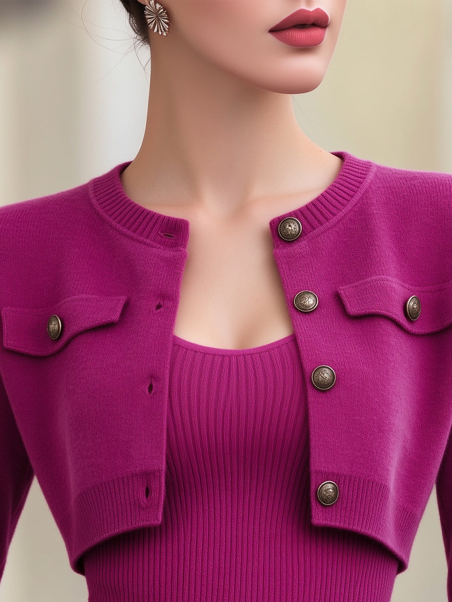Cropped Knit Cardigan And Ribbed Camisole Two-Piece Set
