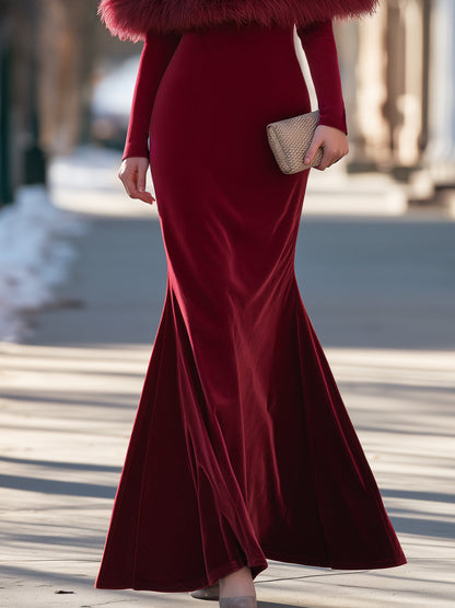 Velvet Mermaid Maxi Dress With Faux Fur Cape
