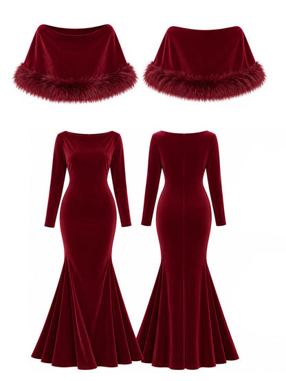 Velvet Mermaid Maxi Dress With Faux Fur Cape