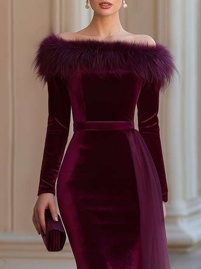 Velvet Off-Shoulder Faux Fur Trim Mermaid Maxi Evening Dress