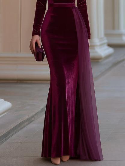 Velvet Off-Shoulder Faux Fur Trim Mermaid Maxi Evening Dress