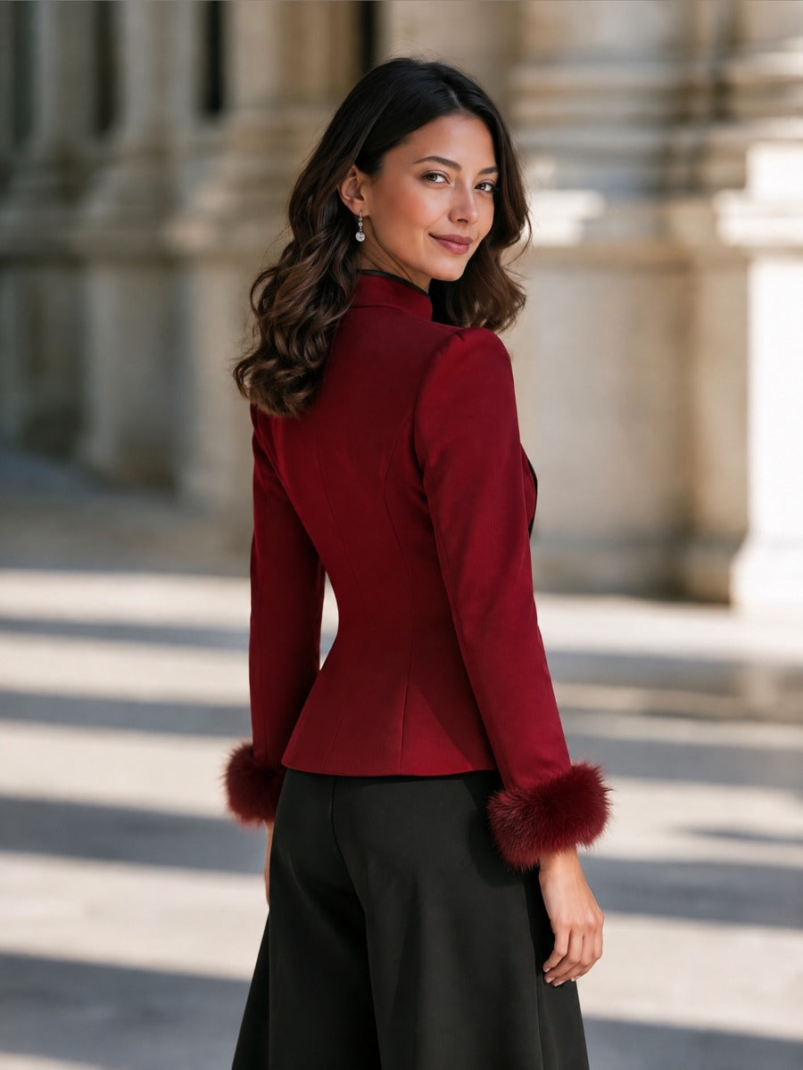 Elegant Contrast Piping Collar Diagonal Button Fitted Jacket