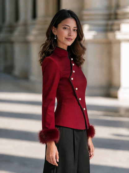 Elegant Contrast Piping Collar Diagonal Button Fitted Jacket