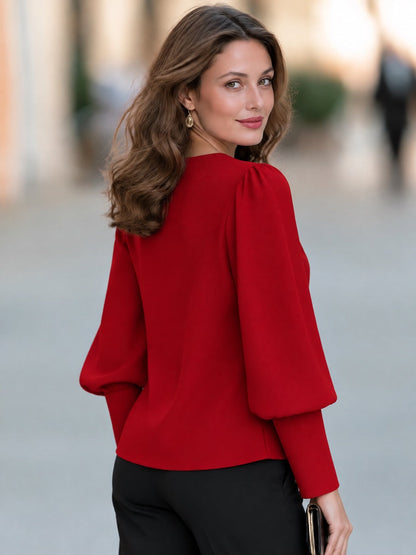 Women's Elegant Red Round Gold Buttons Neck Puff Sleeve Blouse