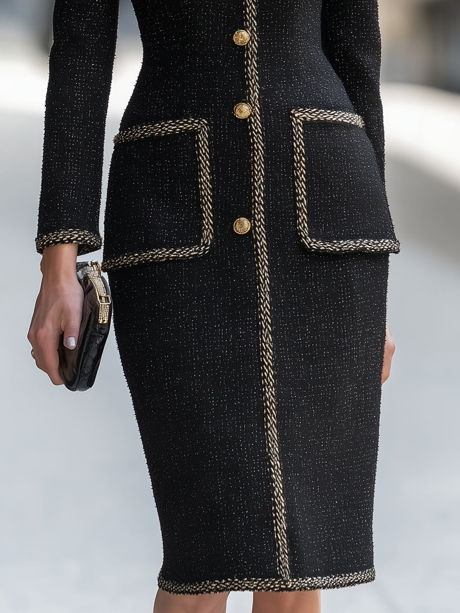Braided Trim Tweed Button-Front Sheath Dress
