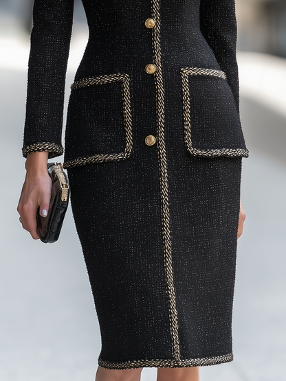 Braided Trim Tweed Button-Front Sheath Dress