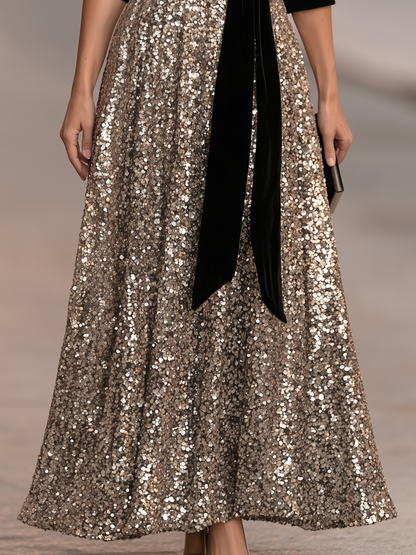 Velvet Trim Bow Waist Sequin Maxi Dress
