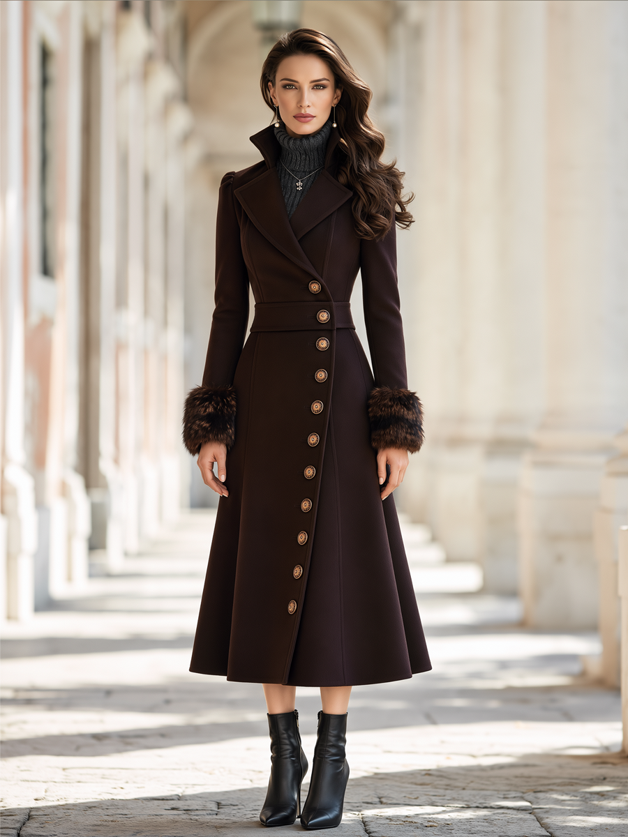 Elegant Diagonal Button Faux Fur Cuffs Fitted Midi Overcoat