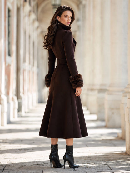 Elegant Diagonal Button Faux Fur Cuffs Fitted Midi Overcoat
