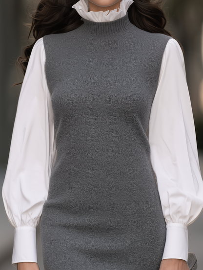 Ruffle Neck Contrast Sleeve Knit Dress