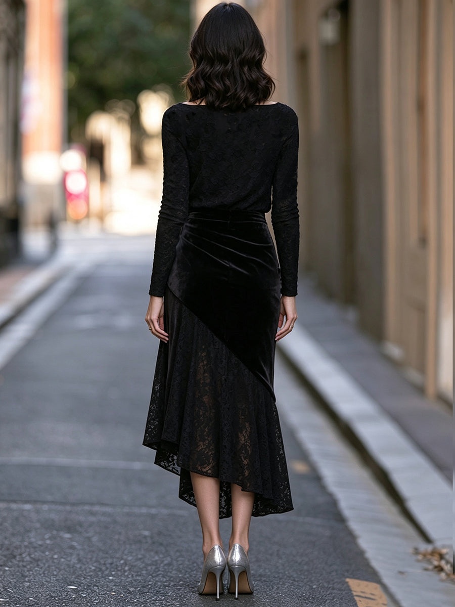 Boat-Neck Floral Lace Ruched Velvet Overlay Midi Dress