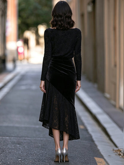 Boat-Neck Floral Lace Ruched Velvet Overlay Midi Dress