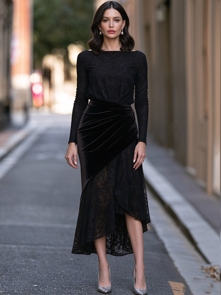 Boat-Neck Floral Lace Ruched Velvet Overlay Midi Dress