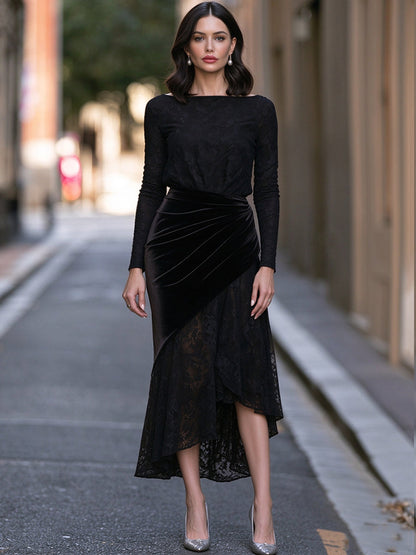 Boat-Neck Floral Lace Ruched Velvet Overlay Midi Dress