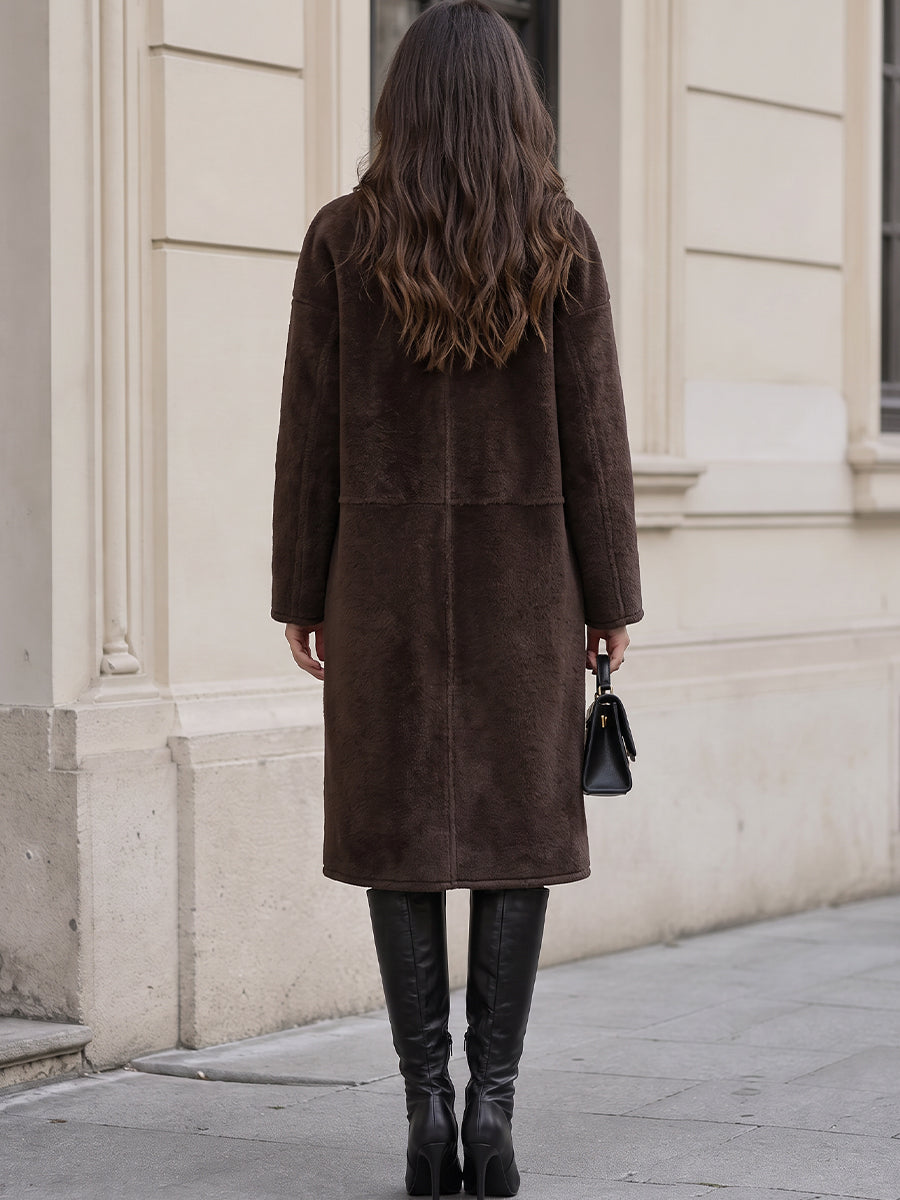 Round Collar Fuzzy Wool Blend Mid Length Coat For Women